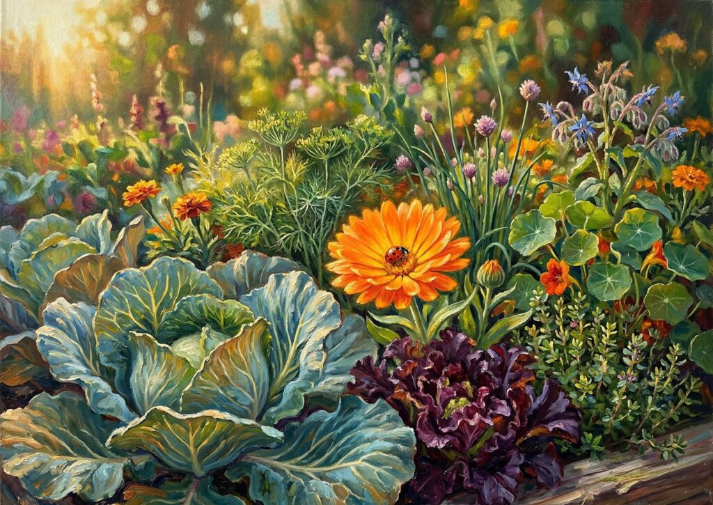 поєднання овочів та квітів в красивому й продуктивному городі